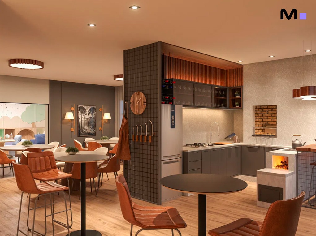 Interior do Minuannon Residencial: sala de estar com cozinha integrada e decoração moderna.