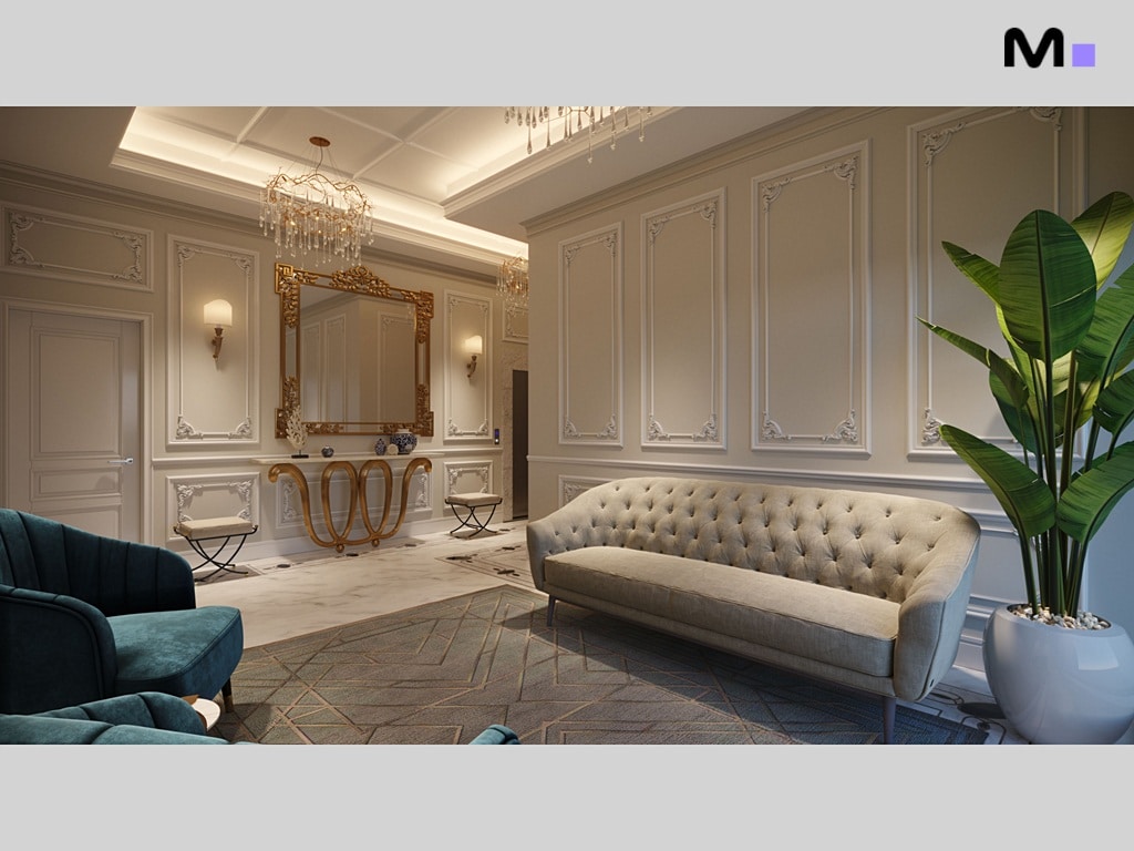 Hall de entrada luxuoso com sofá tufted, espelho dourado e decoração clássica.