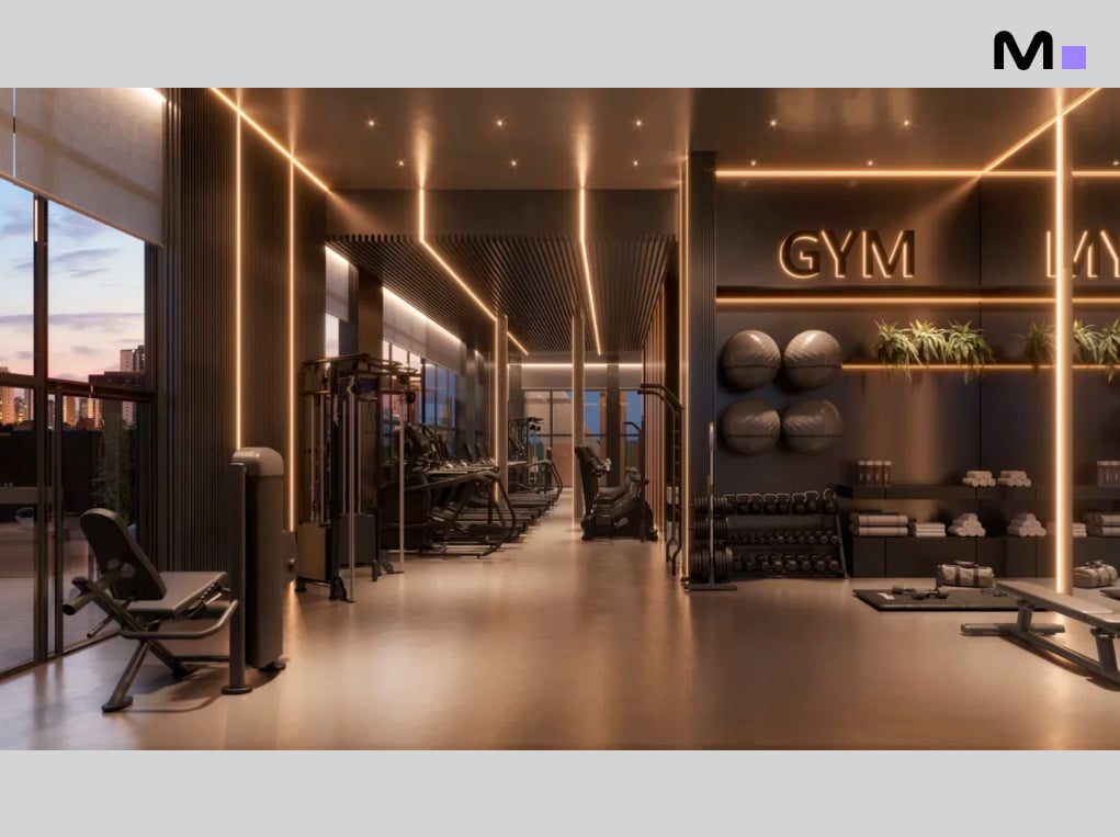 Academia moderna e bem iluminada no Las Salinas Residence. Equipamentos de ginástica e design elegante.