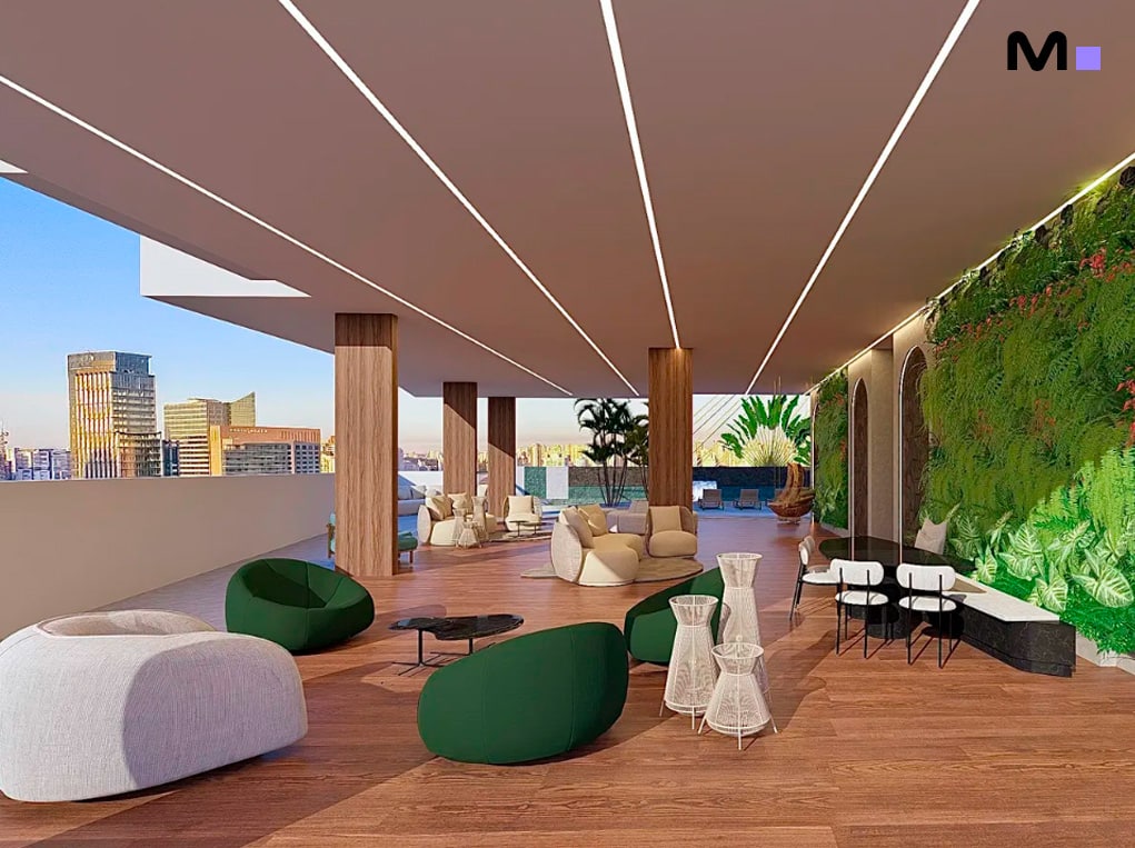 Terraço do Elohim Residencial Club com área de estar, paisagismo e vista da cidade.