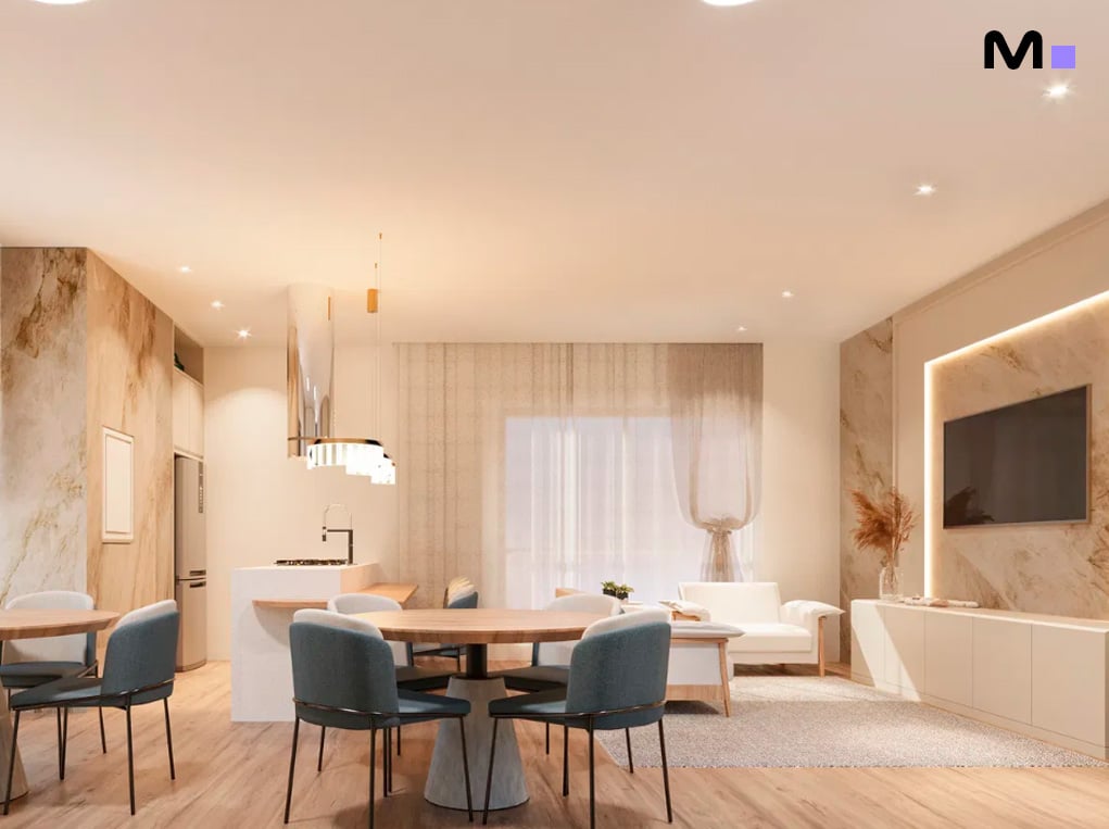 Sala de estar moderna e iluminada do Minuannon Residencial, com mesa de jantar e TV.