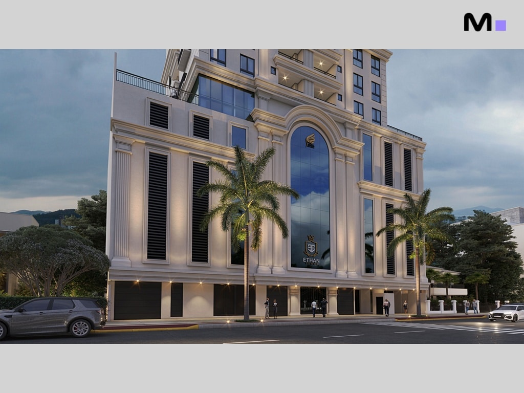 Edifício moderno com design clássico e palmeiras. Logotipo "Ethan" visível.