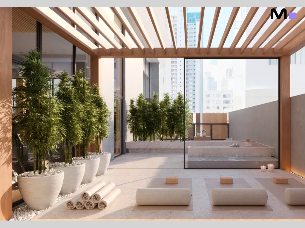 Espaço zen ao ar livre em Las Salinas Residence com esteiras de yoga e plantas.