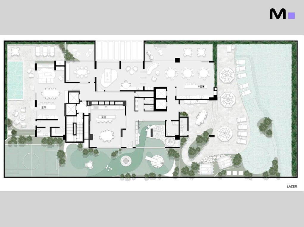 Planta baixa da Veredas Residence, mostrando layout interno e áreas externas como piscina e campo.