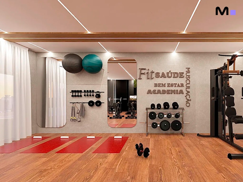 Academia moderna no Elohim Residencial Club, com equipamentos de musculação e tapetes vermelhos.