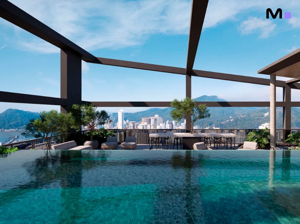 Piscina na cobertura do Down Town by Housi com vista para a cidade e montanhas.