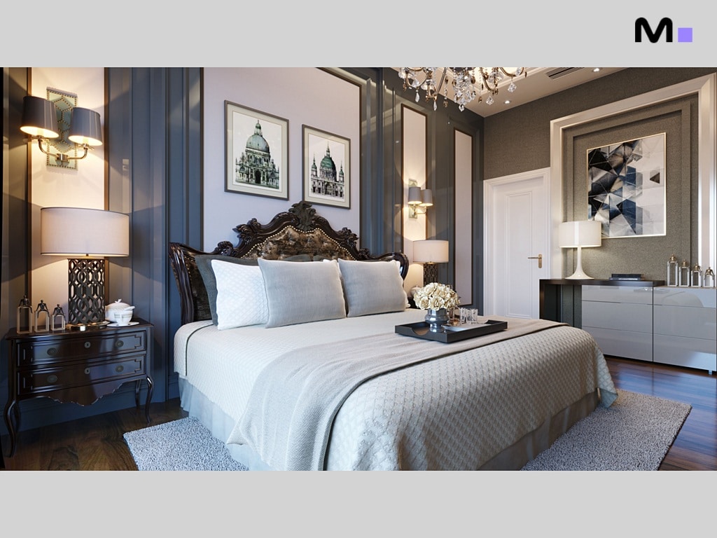 Quarto luxuoso com cama king size, decoração clássica e iluminação suave.