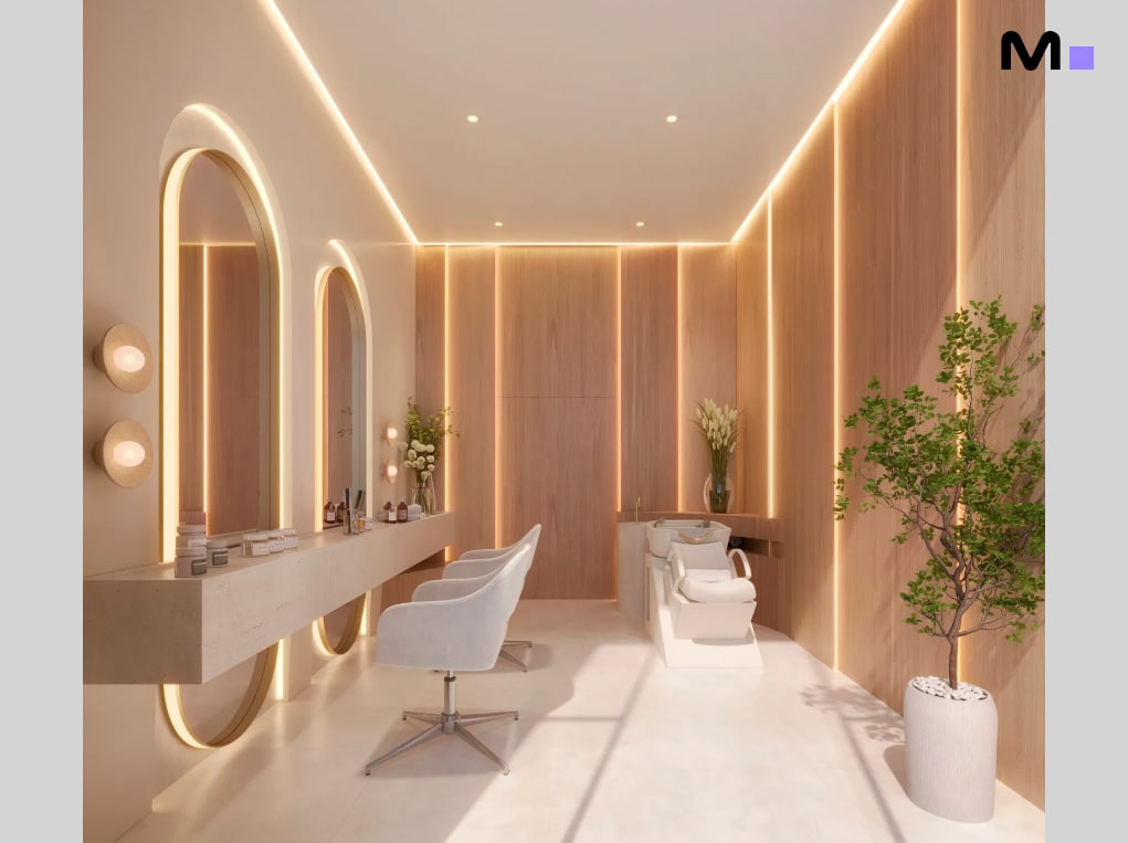 Interior elegante do Las Salinas Residence: salão de beleza com espelhos ovais e iluminação suave.