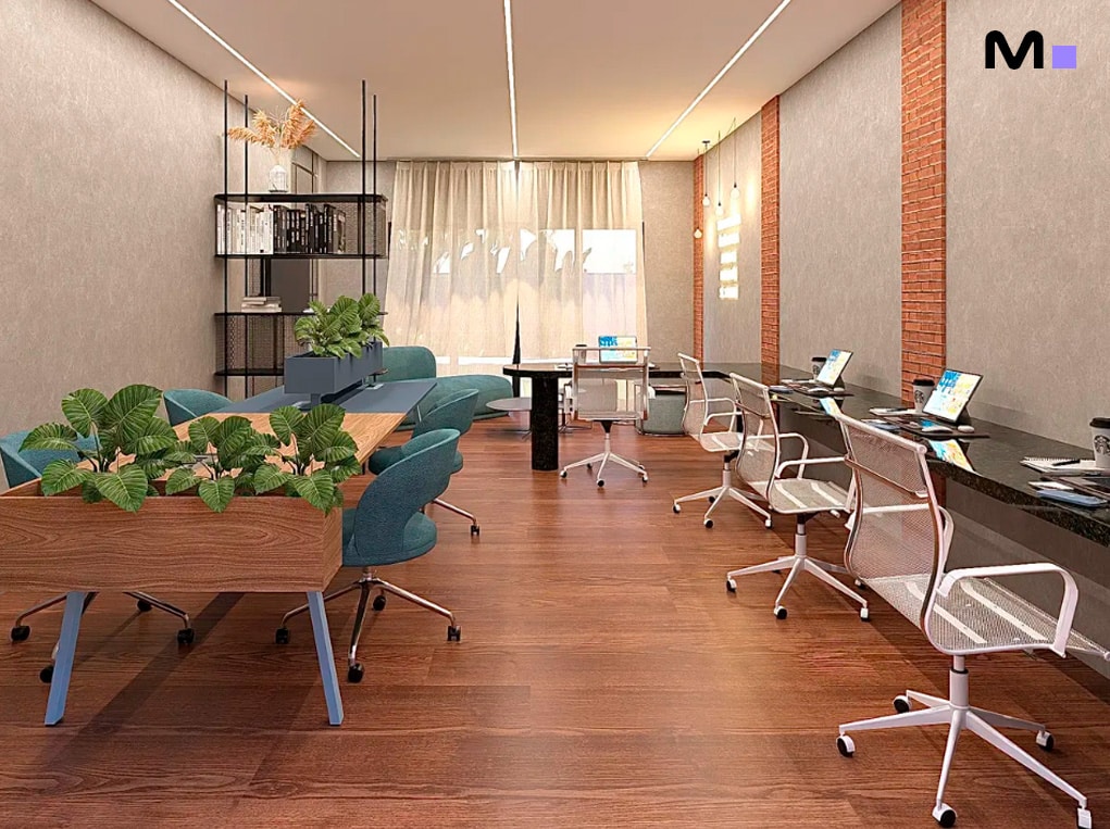 Escritório moderno com mesas, cadeiras e plantas. Espaço de trabalho no Elohim Residencial Club.