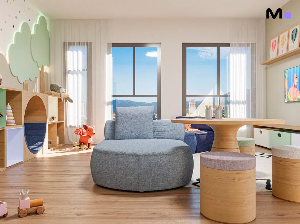 Sala de jogos infantil iluminada com poltrona azul e mesa redonda. Minuannon Residencial.