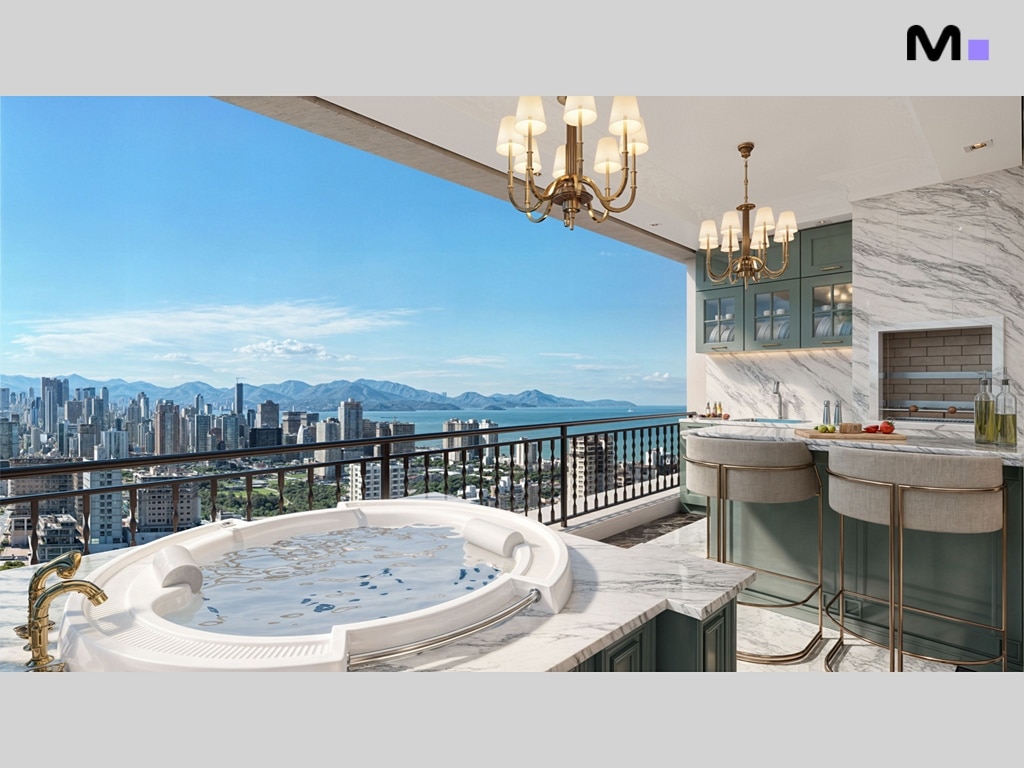 Varanda luxuosa com jacuzzi, vista da cidade e cozinha gourmet. Design moderno e elegante.