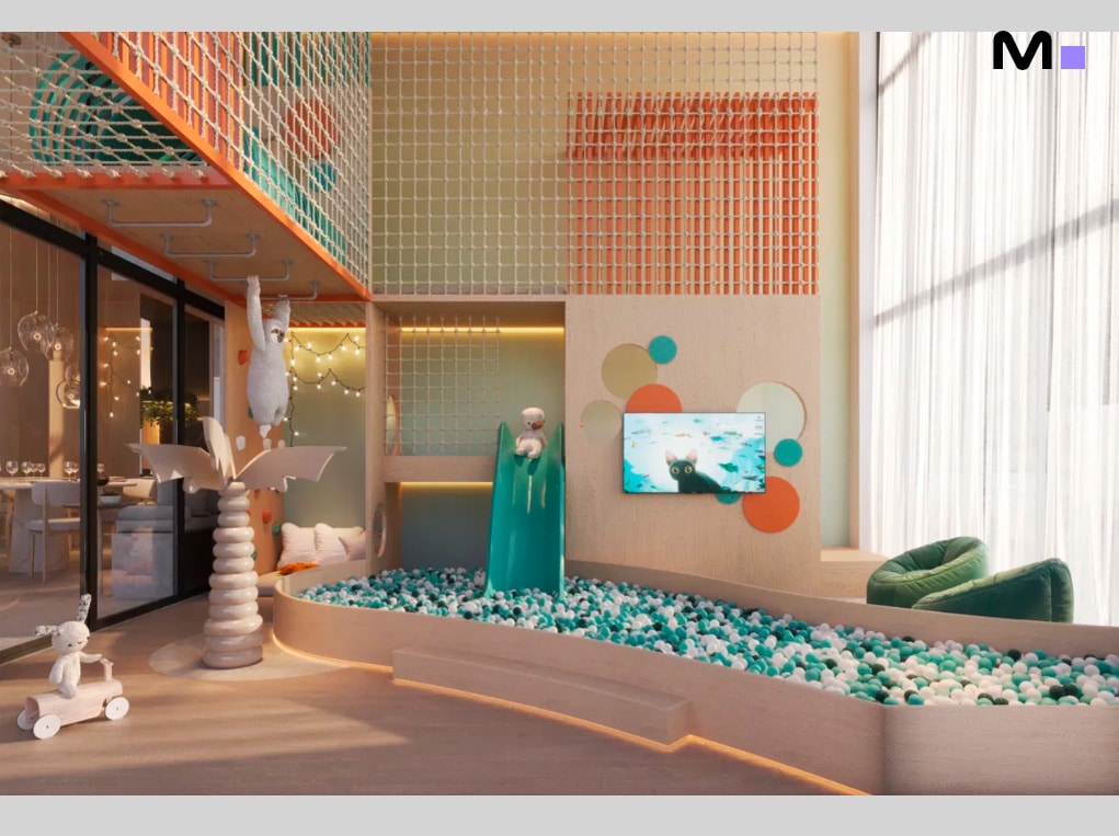 Sala de jogos infantil moderna na Las Salinas Residence, com piscina de bolinhas e escorregador.