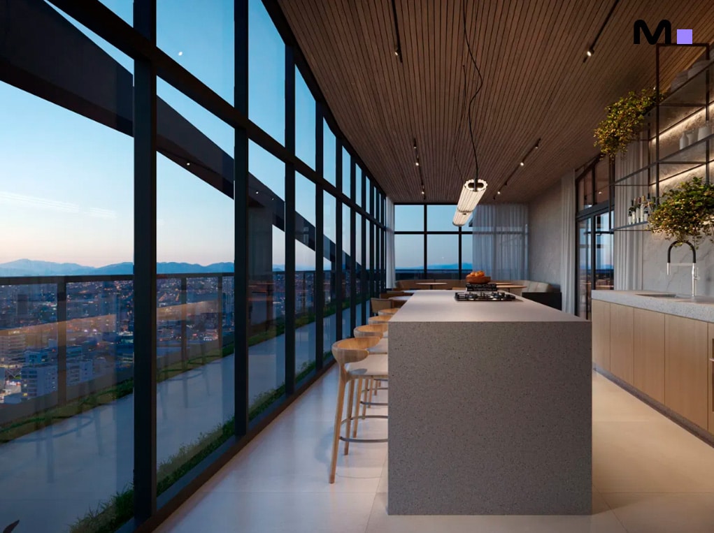 Cozinha moderna e iluminada com vista da cidade no Down Town by Housi.