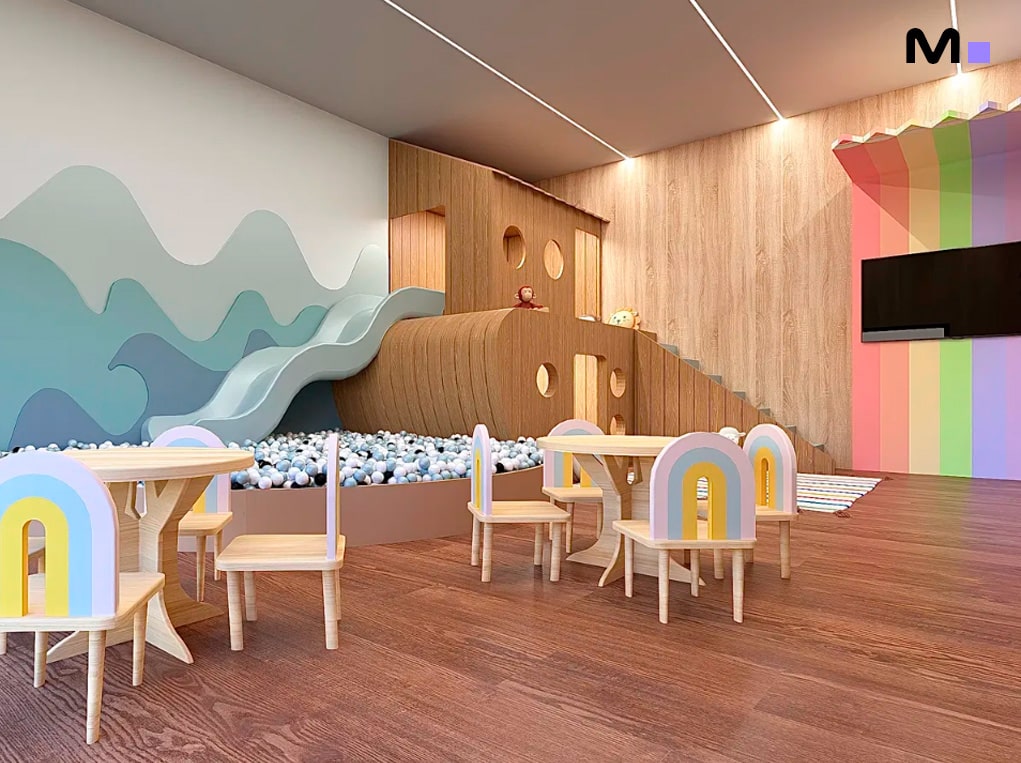 Sala de jogos infantil colorida com escorrega e piscina de bolinhas no Elohim Residencial Club.