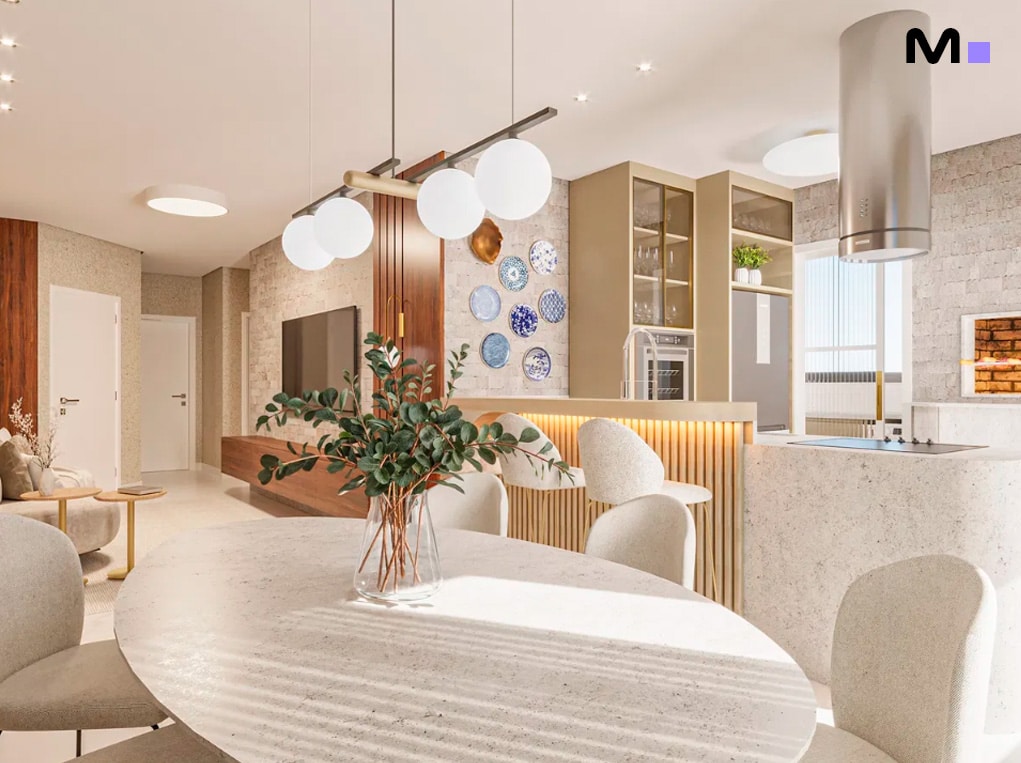 Sala de estar moderna e iluminada no Minuannon Residencial. Design de interiores elegante.