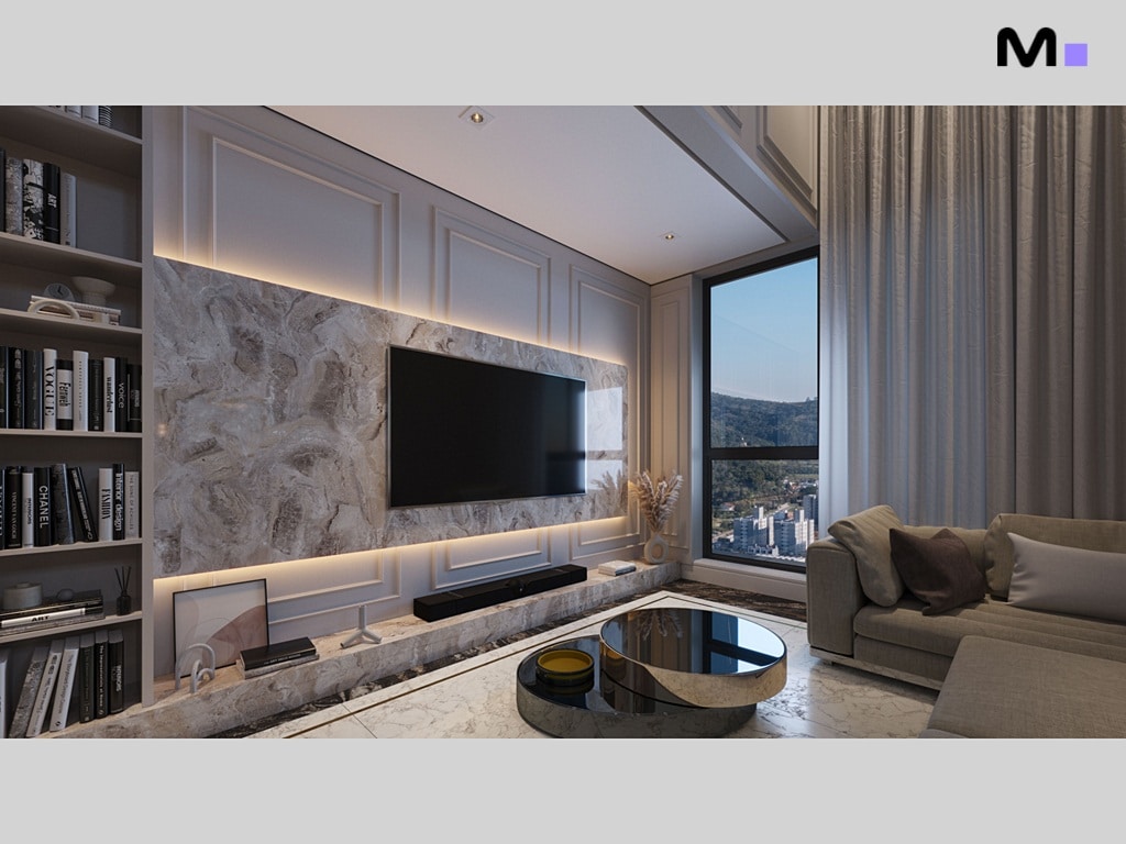 Sala de estar moderna com TV, estante e sofá aconchegante. Design elegante e iluminação suave.