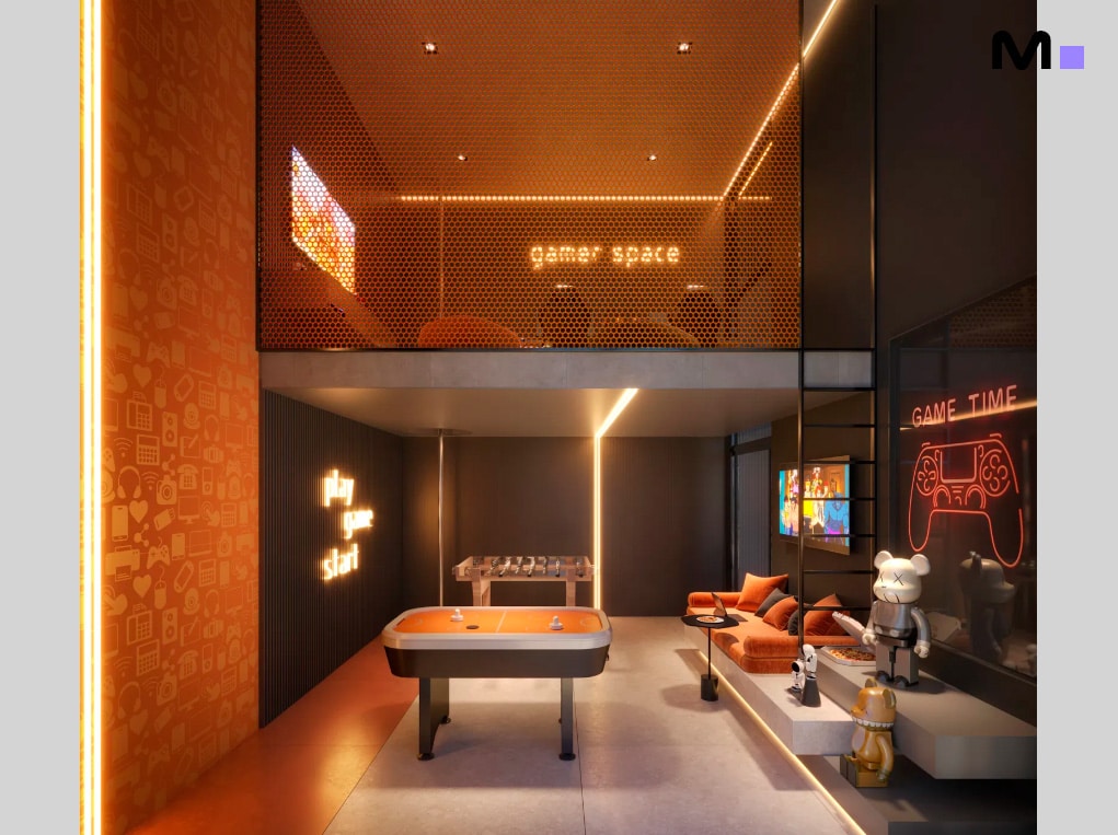 Sala de jogos moderna com mezanino "gamer space" e decoração laranja vibrante na Las Salinas Residence.