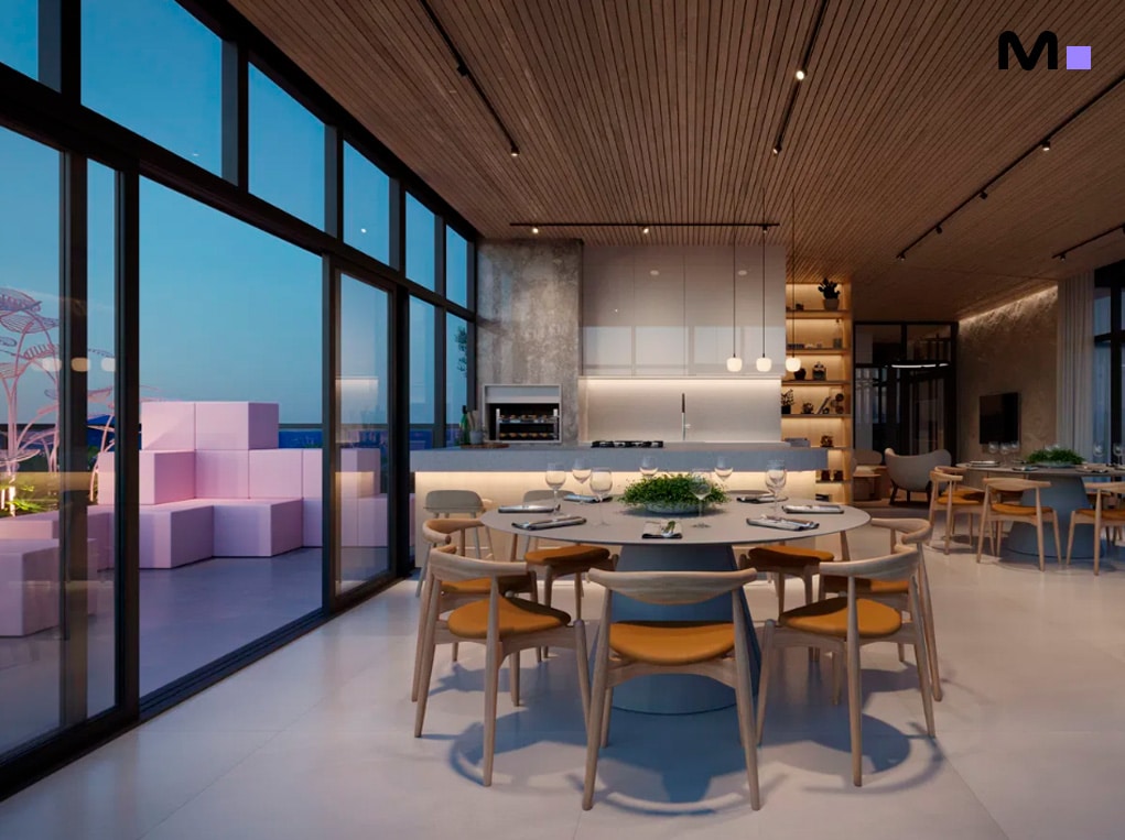 Sala de jantar moderna e iluminada com vista para a área externa em Down Town by Housi.