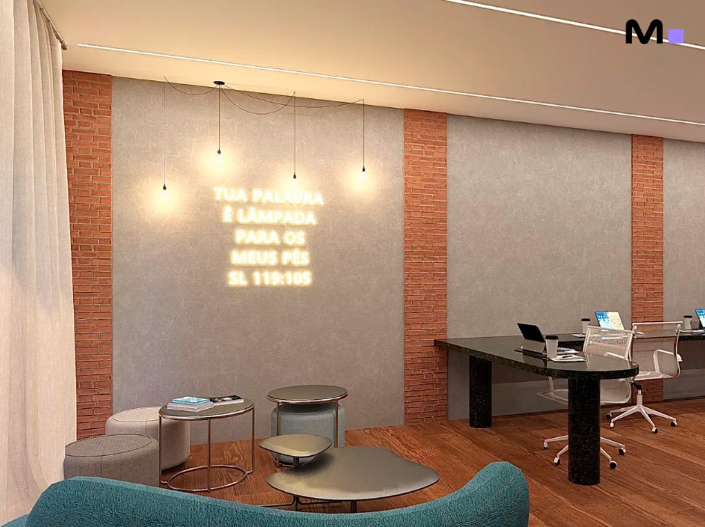 Interior moderno com tijolos e a frase "Tua palavra é lâmpada para os meus pés".