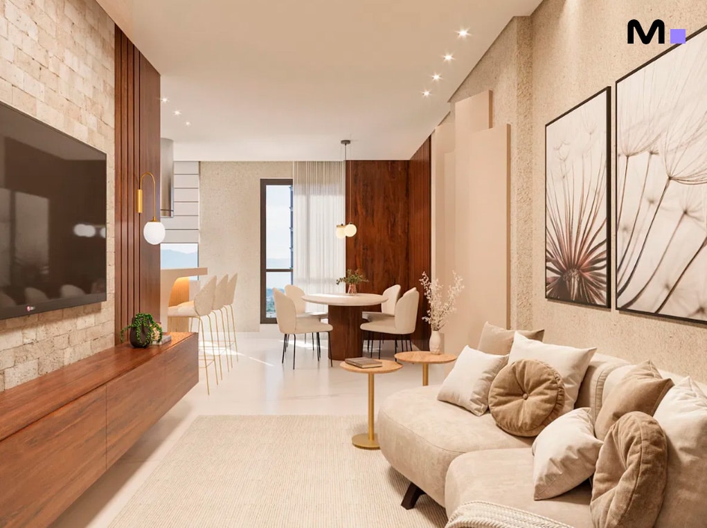 Sala de estar moderna e aconchegante no Minuannon Residencial. Sofá curvo, TV e decoração elegante.