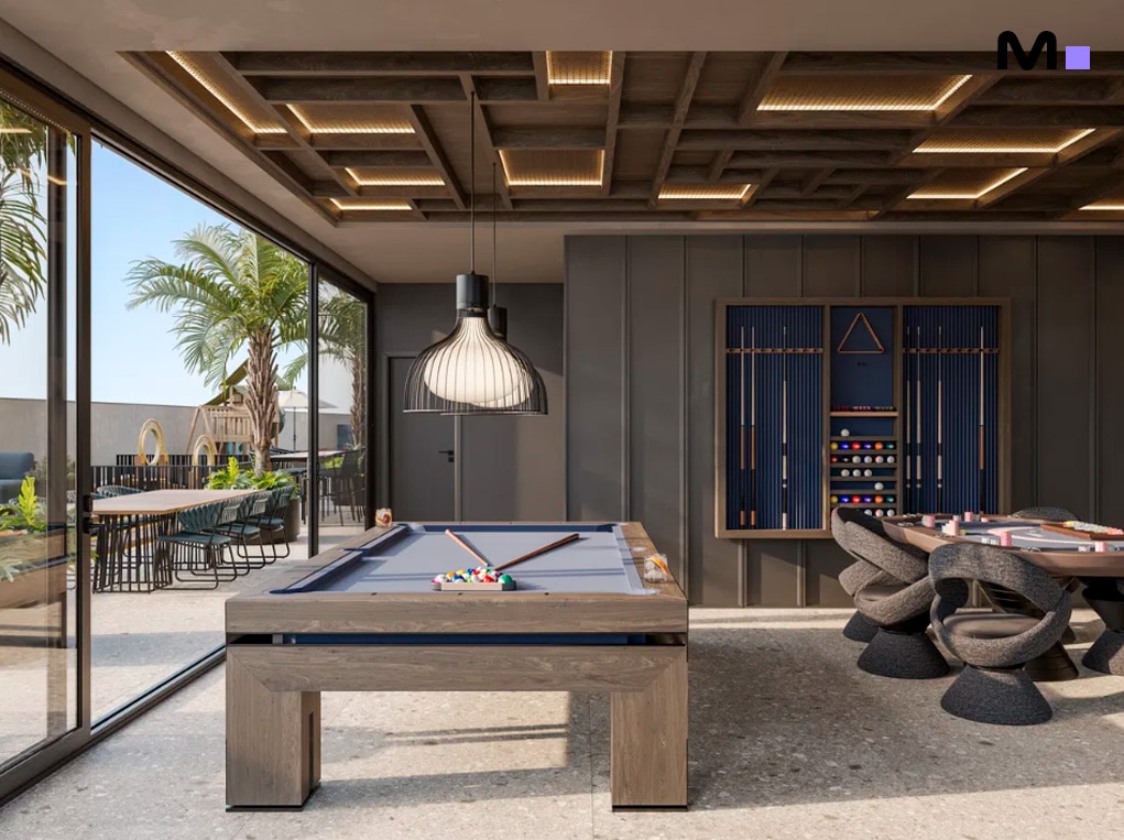 Mesa de bilhar moderna em Axion Towers, com design de interiores elegante e iluminação sofisticada.