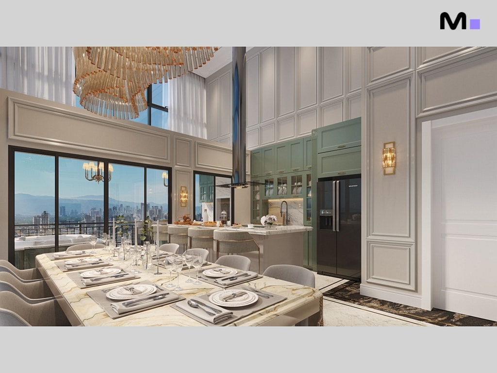 Interior moderno com mesa de jantar elegante e cozinha ampla.