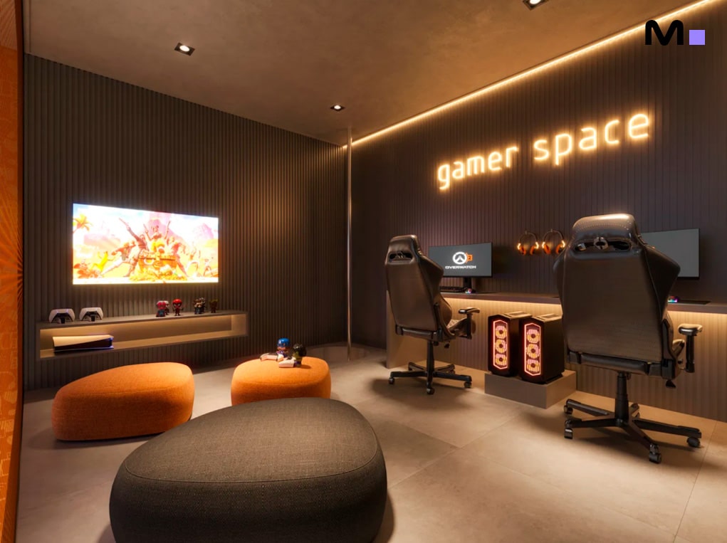 Sala de jogos moderna em Las Salinas Residence, com iluminação neon "gamer space".