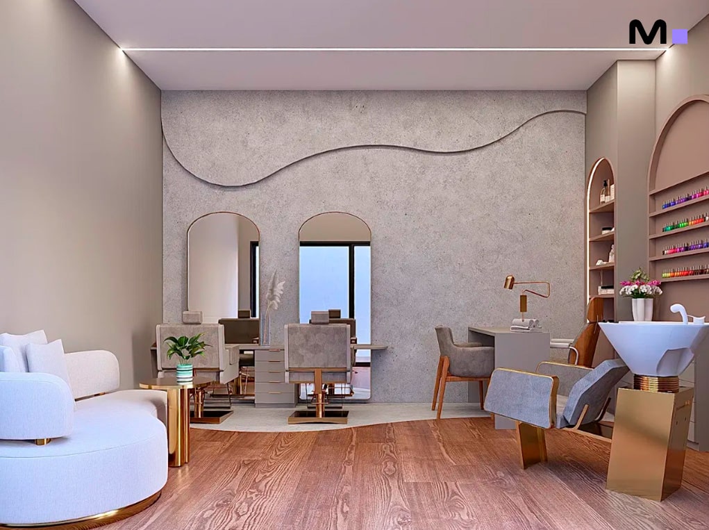 Interior moderno de salão de beleza com cadeiras, espelhos e iluminação elegante.