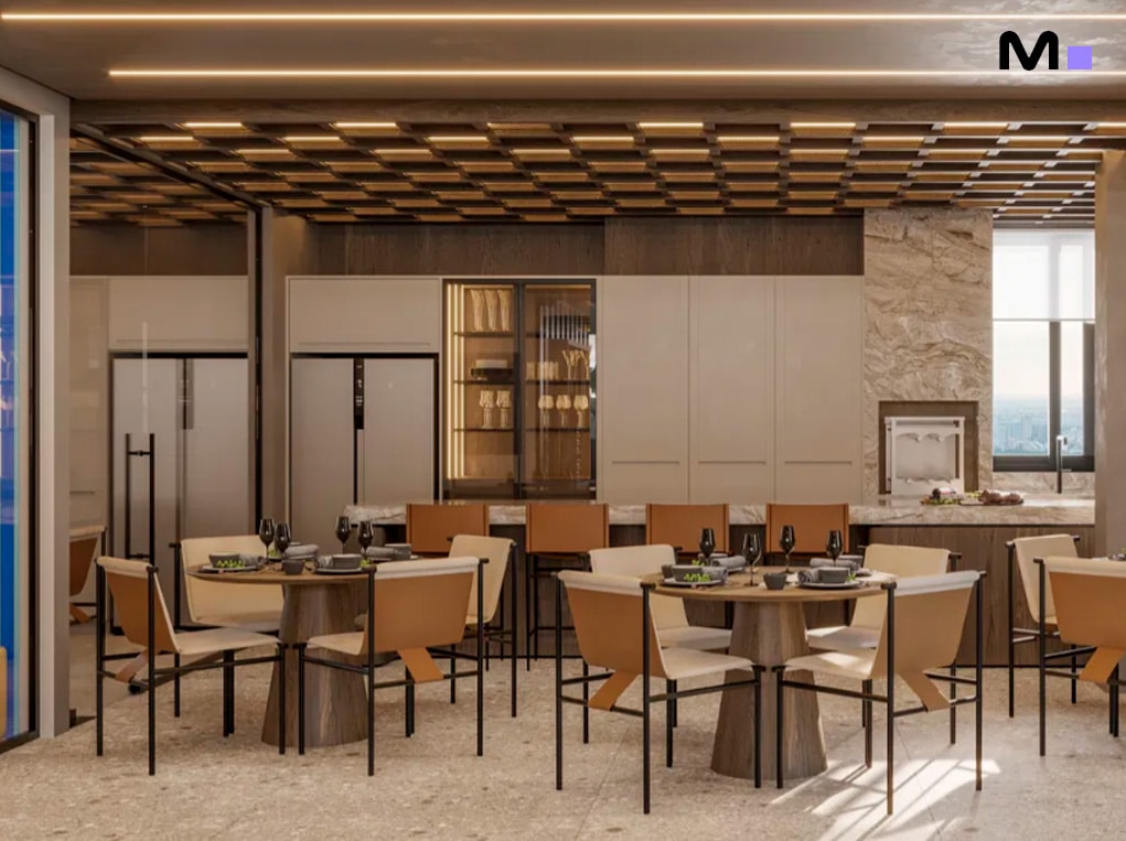 Interior moderno de restaurante com mesas redondas e cadeiras bege. Design elegante e iluminação aconchegante.