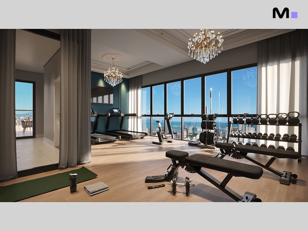 Academia moderna com esteiras, pesos e vista panorâmica para o mar.