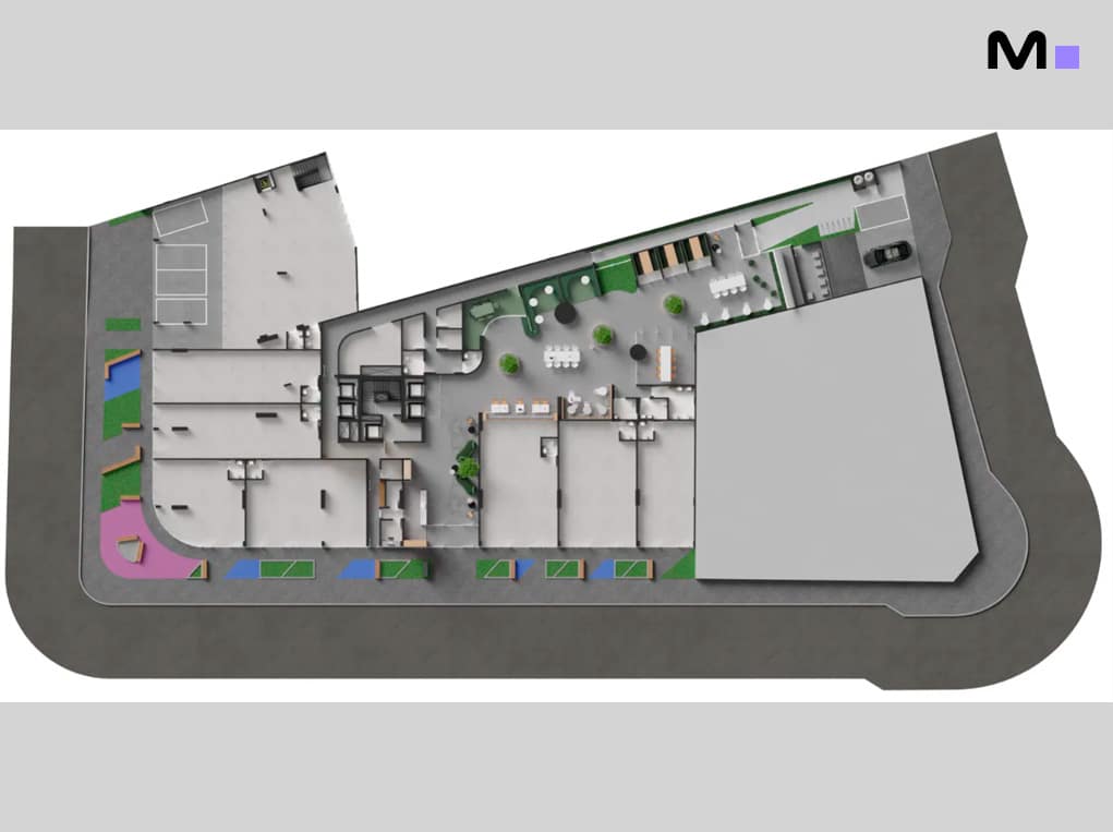 Planta baixa do projeto Down Town by Housi, mostrando a disposição dos espaços e áreas externas.