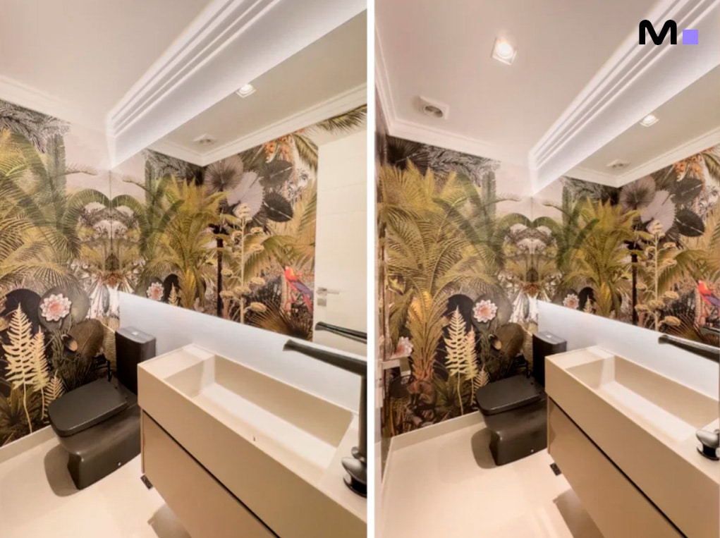 Banheiro tropical moderno com pia bege e papel de parede vibrante na Infinity Coast Residence.
