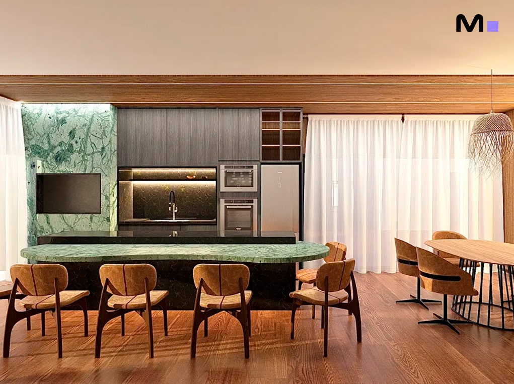 Cozinha moderna com ilha de mármore verde e cadeiras de madeira no Elohim Residencial Club.
