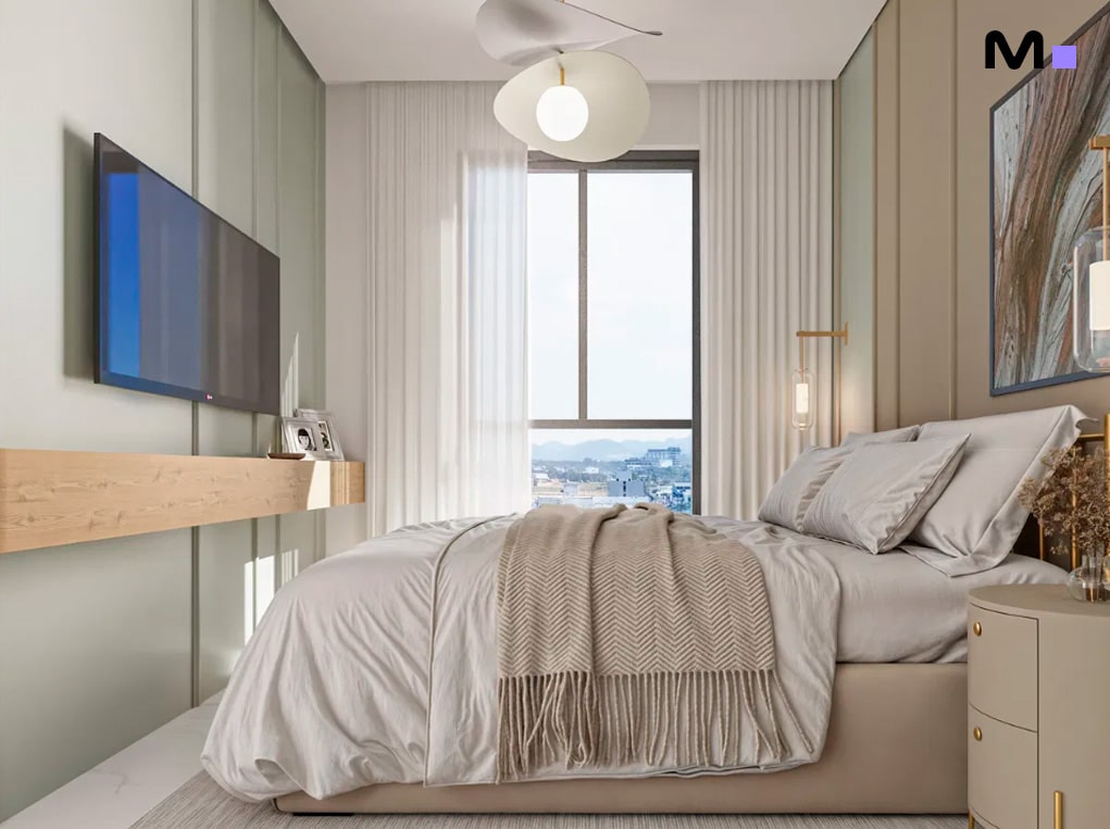 Quarto moderno e iluminado no Minuannon Residencial, com cama confortável e decoração minimalista.