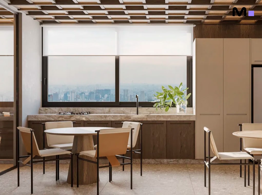 Cozinha moderna com mesa de jantar redonda e vista da cidade, Axion Towers.