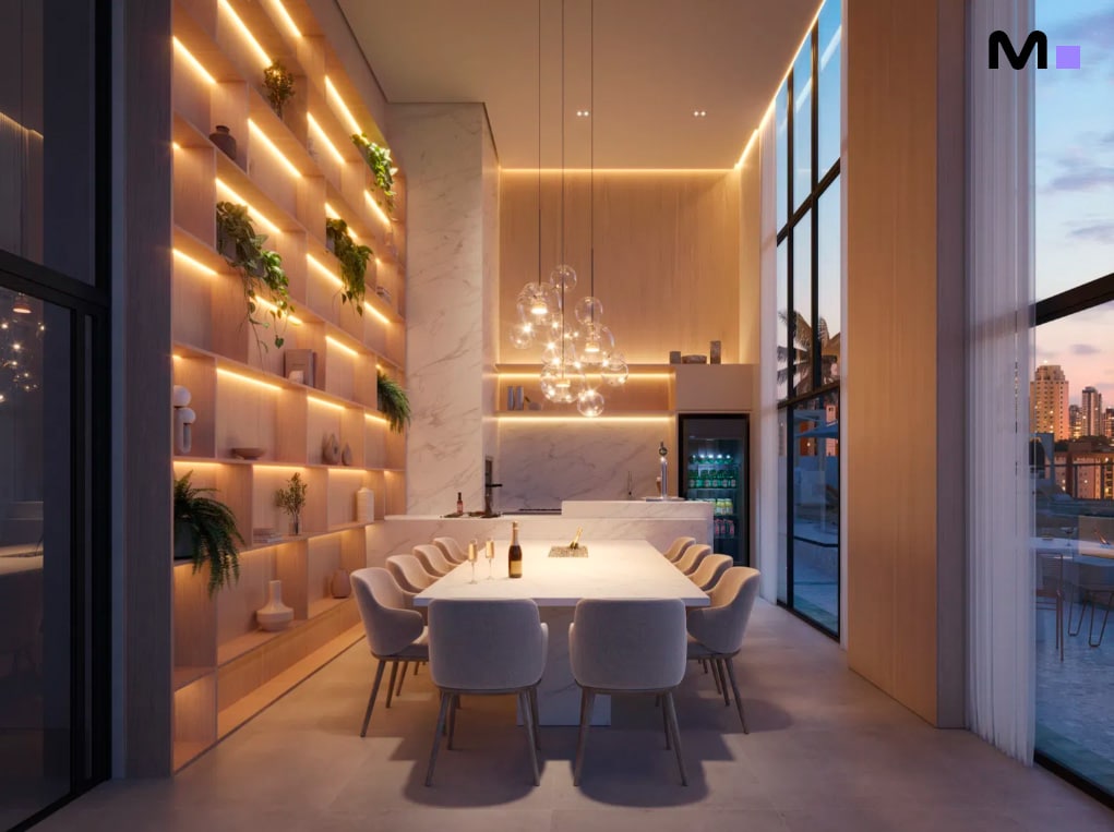 Interior moderno da Residência Las Salinas com mesa de jantar, estante iluminada e vista da cidade.