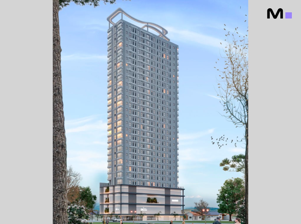 Edifício moderno alto com design arquitetônico único.