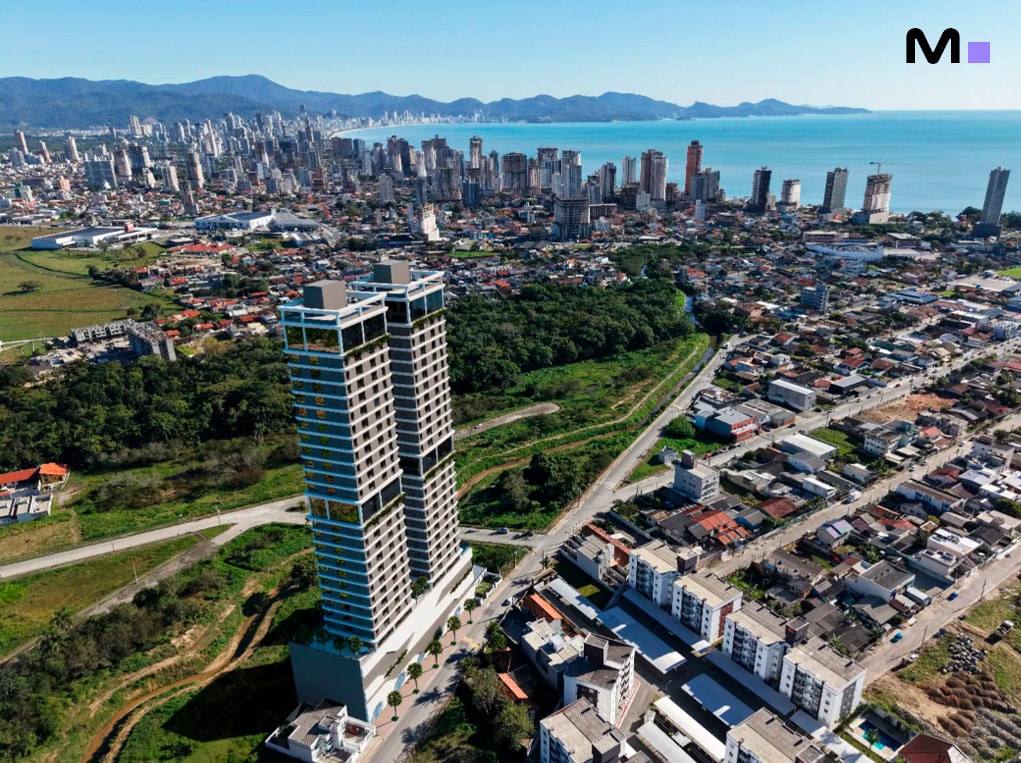 Axion Towers em Balneário Camboriú, com vista para a cidade e o mar.