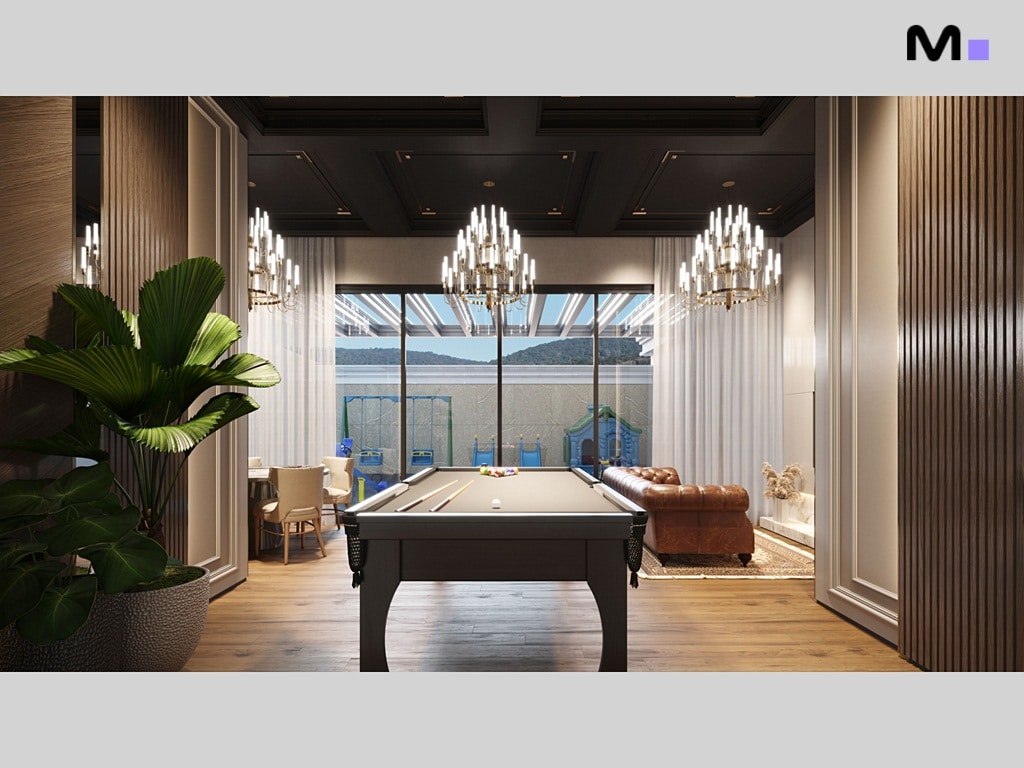 Sala de jogos elegante com mesa de bilhar preta, lustres e vista para o jardim.