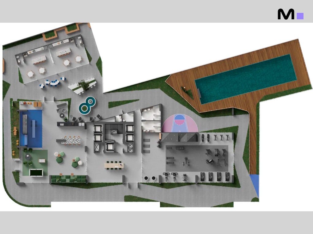 Planta baixa do Down Town by Housi com piscina, academia, quadra e áreas de convivência.