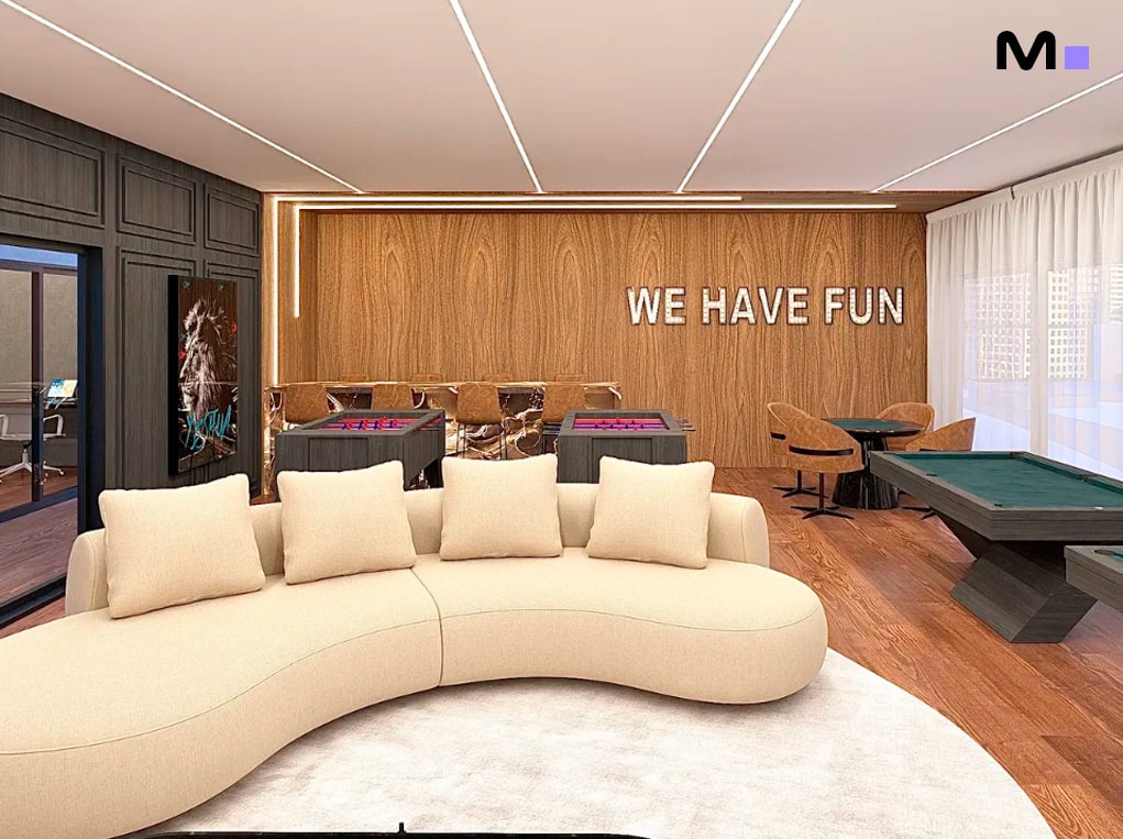 Sala de jogos do Elohim Residencial Club com sofá curvo, totó e mesa de sinuca. "WE HAVE FUN