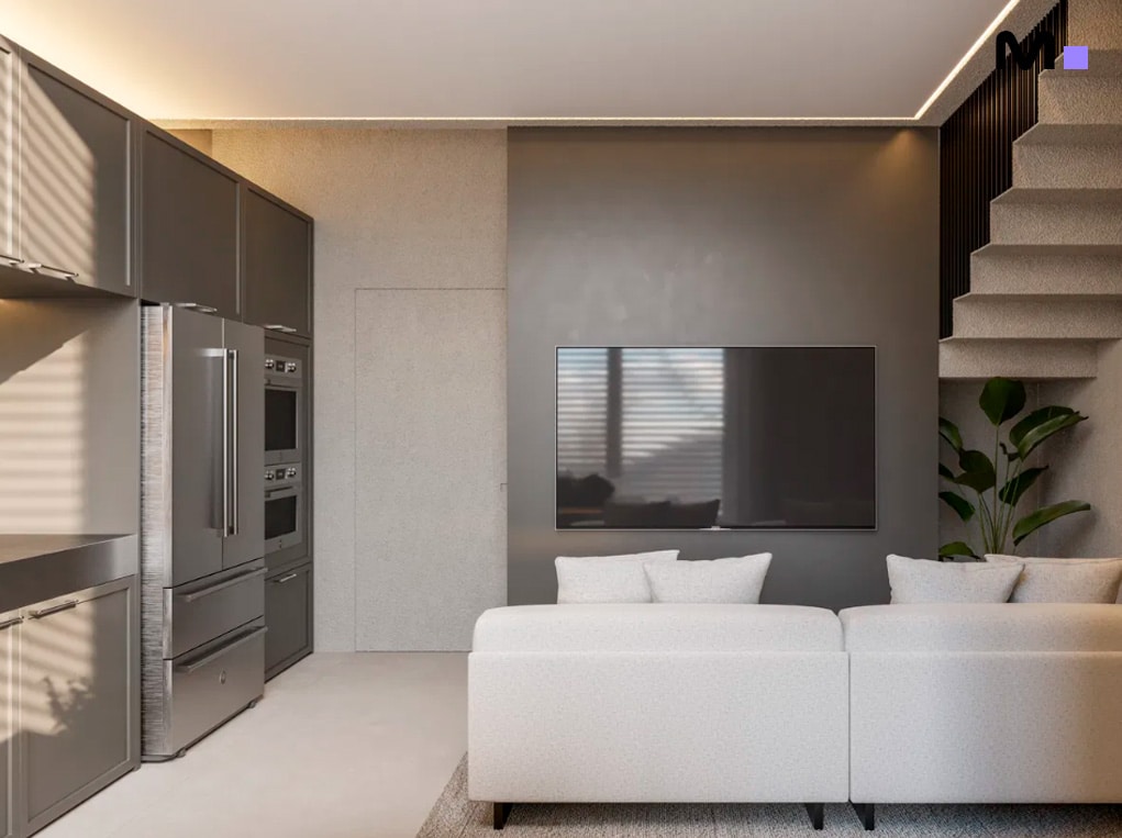 Interior moderno com TV, sofá branco e escada. Design Axion Towers.