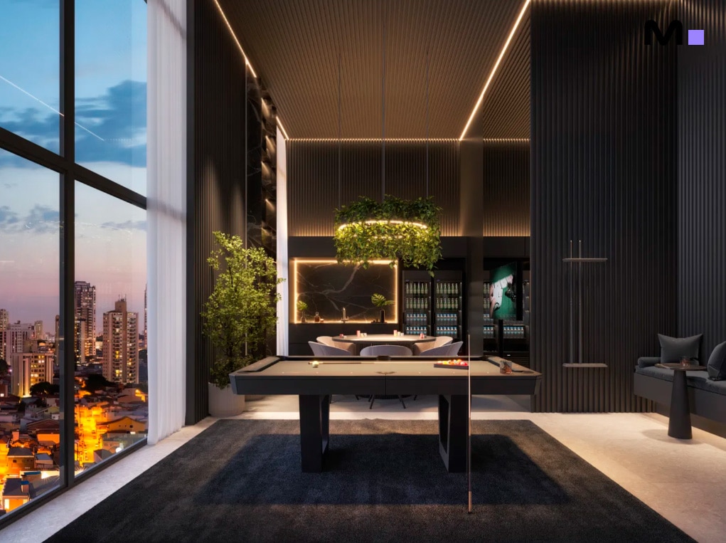 Sala de jogos moderna com mesa de bilhar, parte da Residência Las Salinas. Vista da cidade iluminada ao fundo.