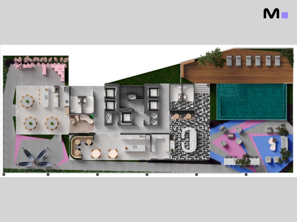 Planta baixa Down Town by Housi com piscina, áreas de convivência e apartamentos.