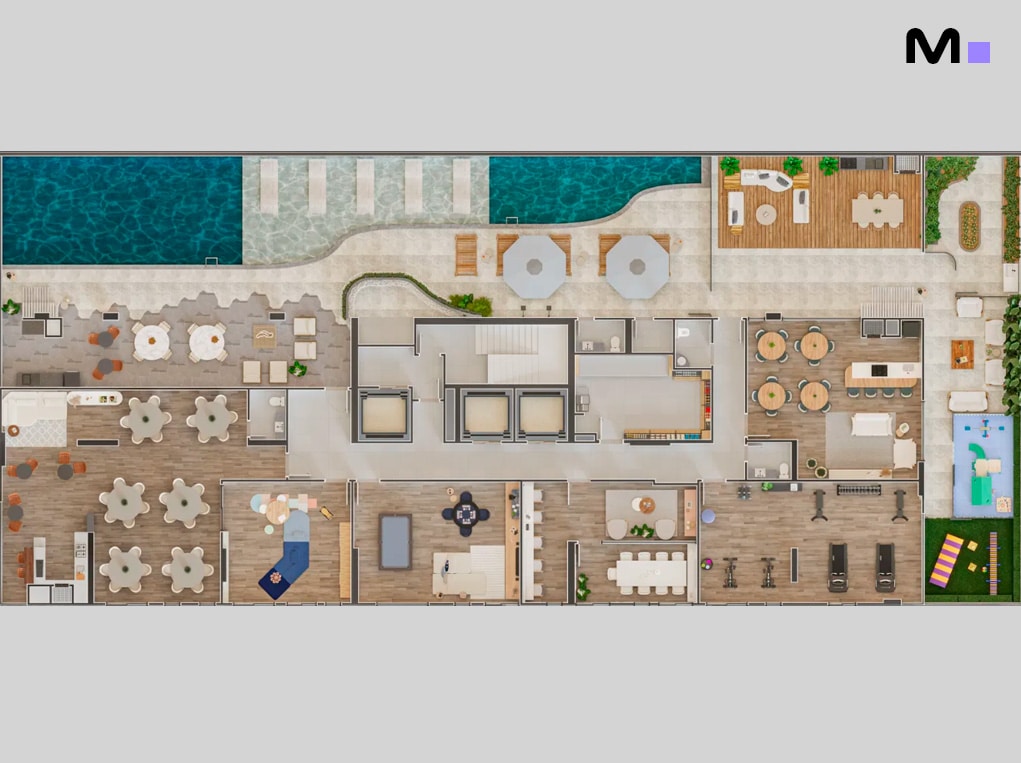 Planta baixa do Minuannon Residencial com piscina, academia e áreas de convivência.