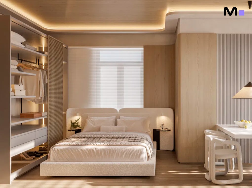 Quarto moderno com cama de casal, armário embutido e iluminação suave. Design de interiores elegante.