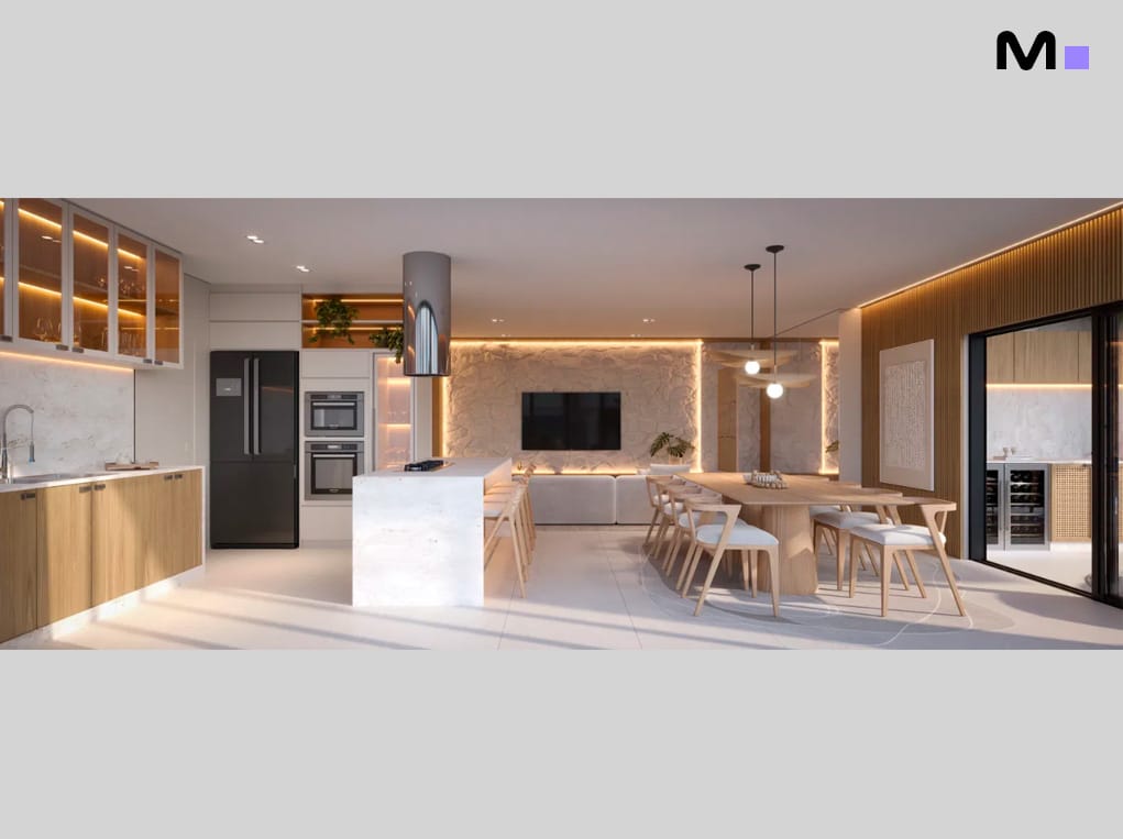 Cozinha moderna e sala de jantar integradas na Residência Las Salinas, com design elegante e iluminação suave.