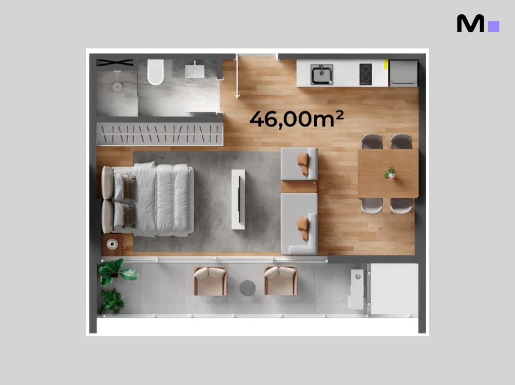 Planta baixa de apartamento de 46m² do Down Town by Housi. Layout moderno e funcional.