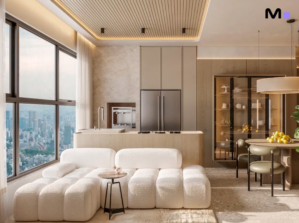 Sala de estar moderna com vista da cidade no Axion Towers. Sofá branco e decoração elegante.