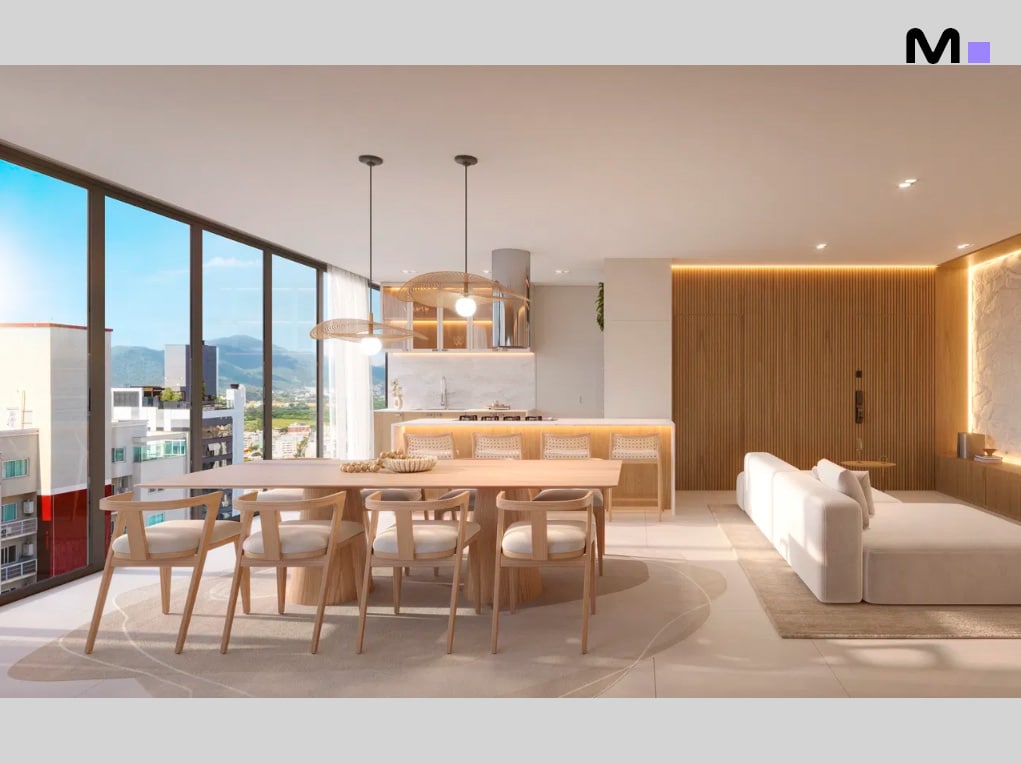 Interior moderno da Las Salinas Residence: sala de jantar, cozinha e área de estar integradas.